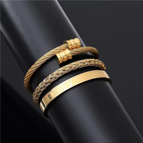3PCS Stainless Steel Bracelets for Men Gold Roman Numeral Bangle Bracelet - Picture 5 of 7